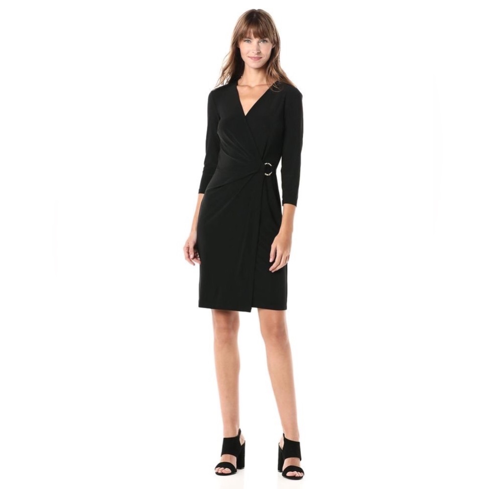 Glamour  Party Dress 4P Faux Wrap stretchy gathered side rhinestone’s buckle - Picture 2 of 13